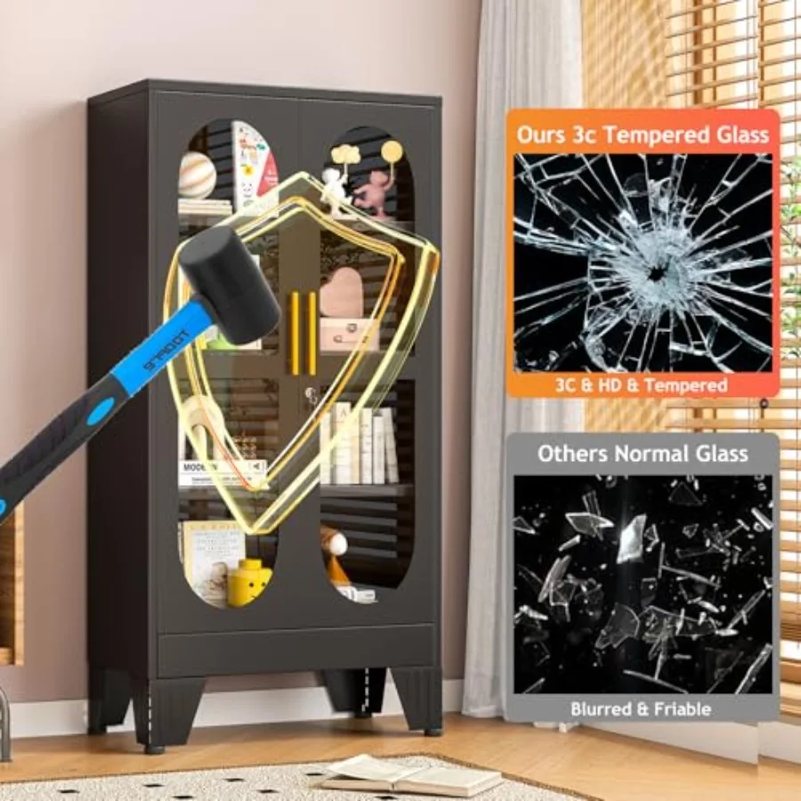 47 H Locking Display Cabinet for Living Room/Bedroom/Kitchen/Bar, Black Metal Curio Cabinet with Glass Door, 3 Adjustable Shelv view 6