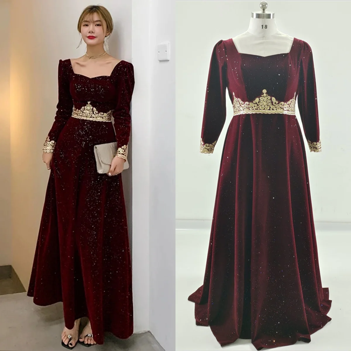 

Evening Dresses Burgundy Velvet Bling Square Collar Full Sleeves Lace up A-line Floor Length Plus size Women Party Formal Gowns