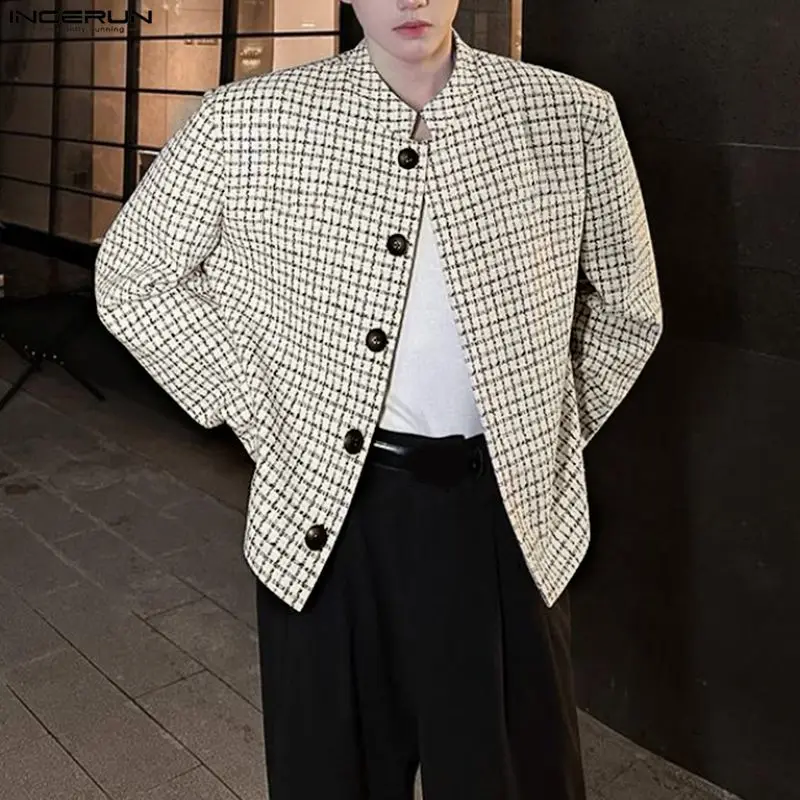 INCERUN Men Plaid Jackets Stand Collar Long Sleeve Elegant Male Coats Streewear Button 2025 Fashion Casual Men Jackets Outerwear