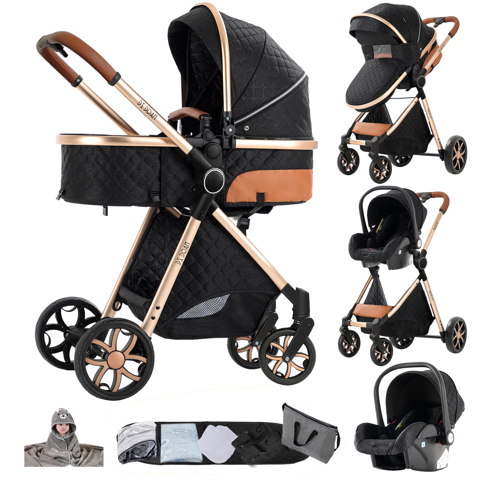 Magic ZC Premium 3-in-1 Kinderwagen-Reisesystem, kompakt faltbarer Kinderwagen mit Babywanne, Autositz und umkehrbarem Sitz, Hochlandschafts-Kinderwagen, All-Terrain-Räder, verstellbarer Lenker,