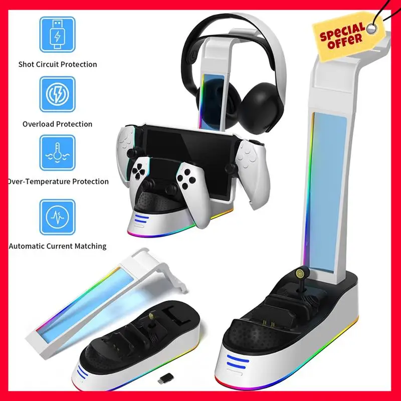

-A25M Charging Base With Headset Holder For PS5 Controller Charging Stand RGB Light Charging Indicator For PS5 Portal Console