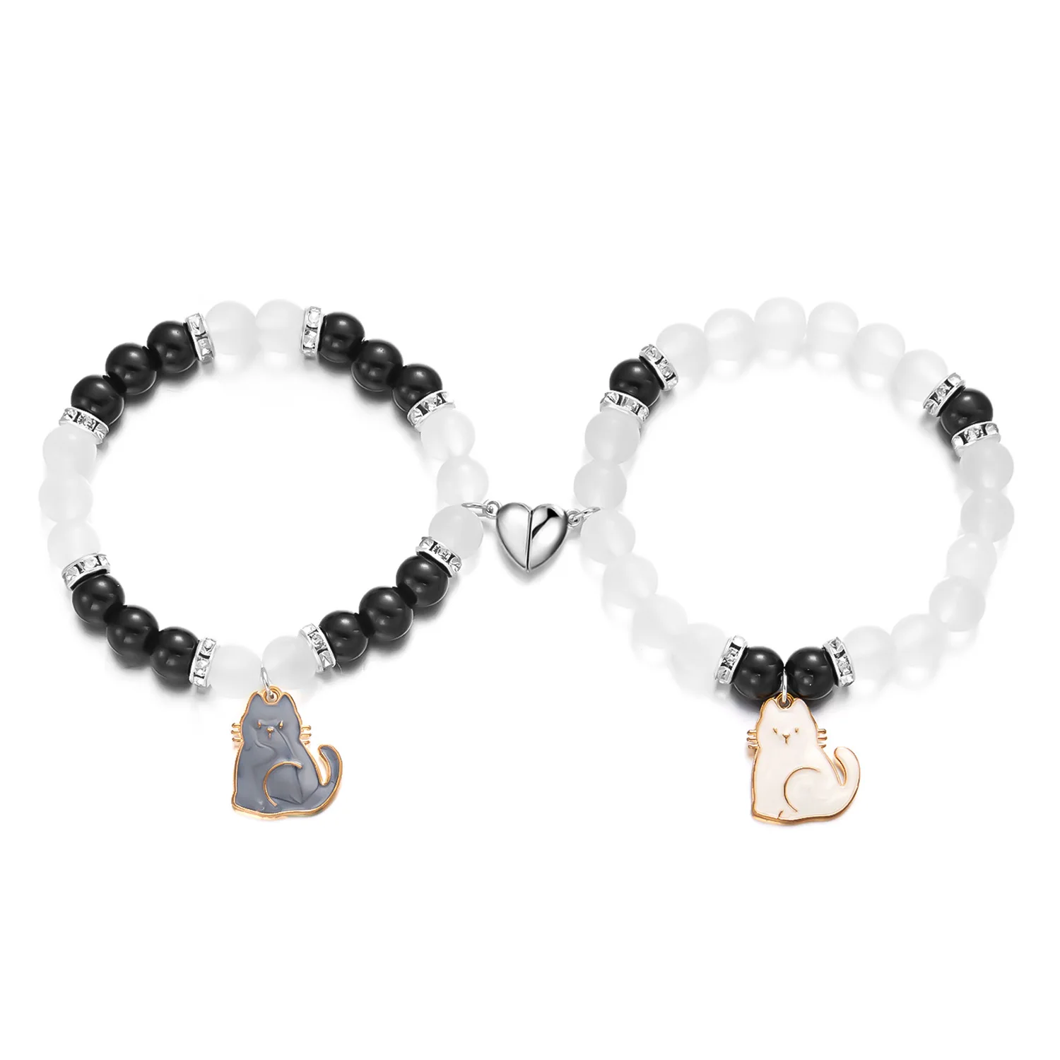 2Pcs/Set Black White Cute Cat Beaded Bracelets for Women Heart Magnetic Matching Couple Bracelets Girls Festival Jewelry Gifts