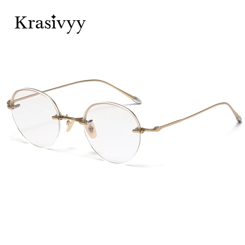 

Krasivyy Retro Round Pure Titanium Glasses Frames Men Luxury Half Rim Prescription Eyeglasses Women Vintage Optical Eyewear