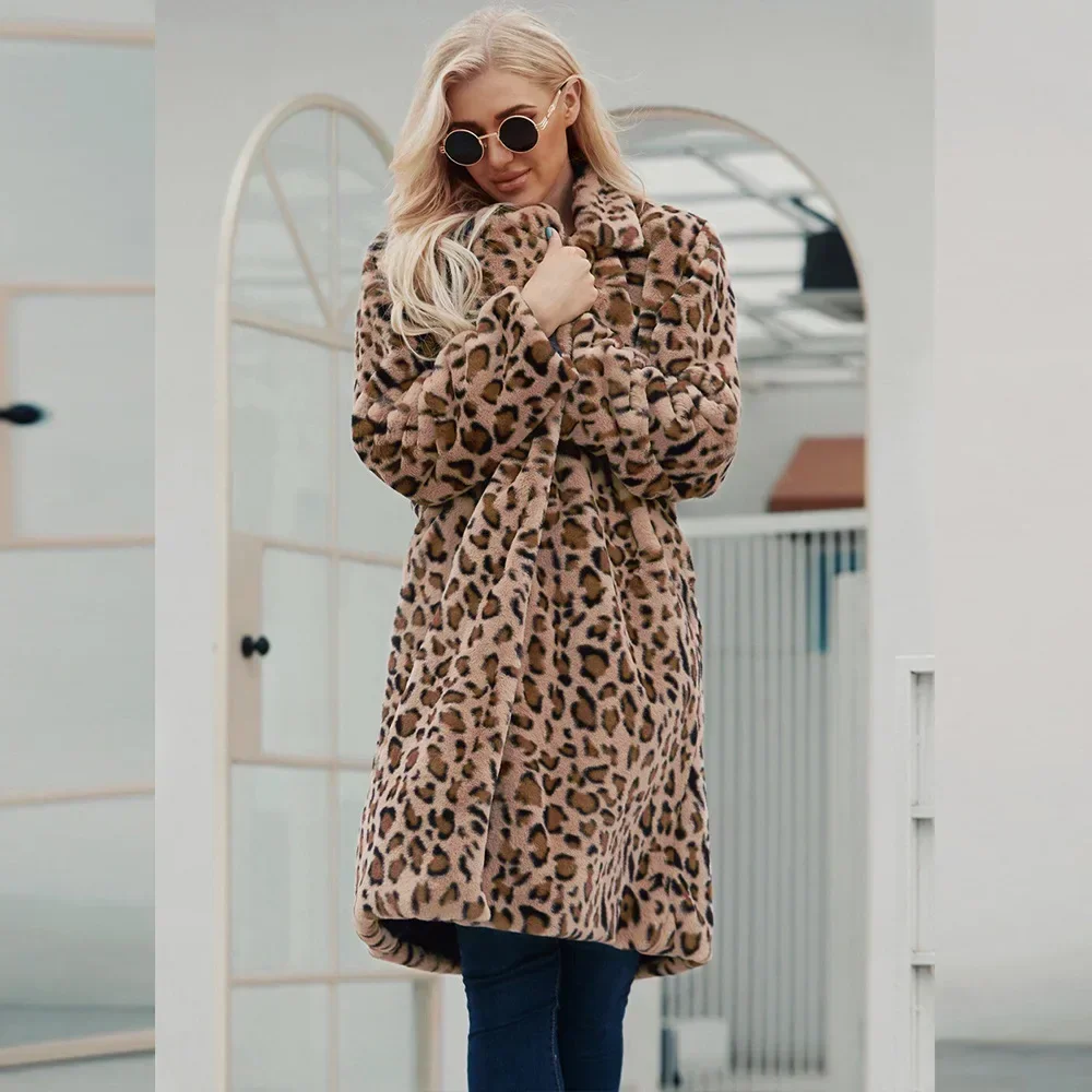 Women Faux Fur Coat Leopard Warm Loose Autumn Winter Thick Long Coats Turn Down Collar Sleeve High Waist Maxi Elegant Jacket