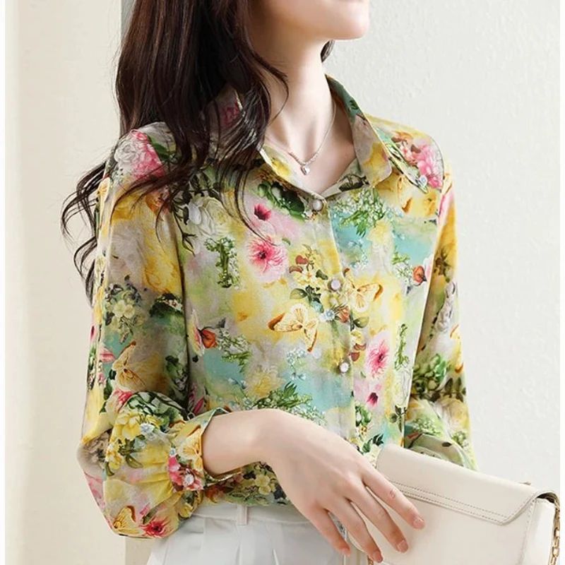 Frühling Herbst neue Polo kragen Mode Langarmhemd Frauen Blumen druck Knopf Patchwork Strickjacke elegante bequeme Tops