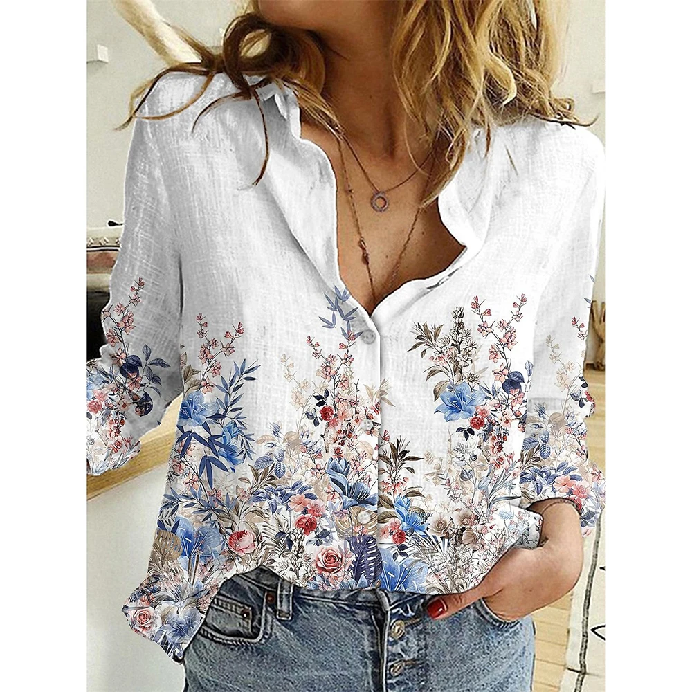 Women's Fashion Printed Shirt Pattern Button Top Slim Fit Comfortable Clothing Women's V-neck Button Casual Long Sleeve Shirt