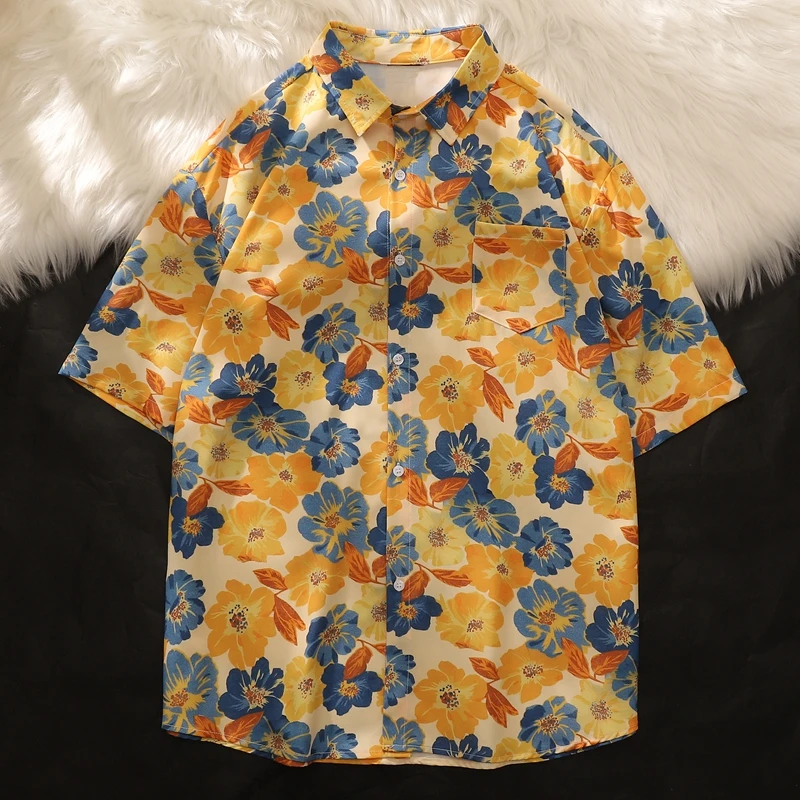

Summer Men's Floral Shirt Casual Loose Short Sleeve Hawaii Style Vintage plus Size Fat Five Sleeve Outerwear Thin Fabric