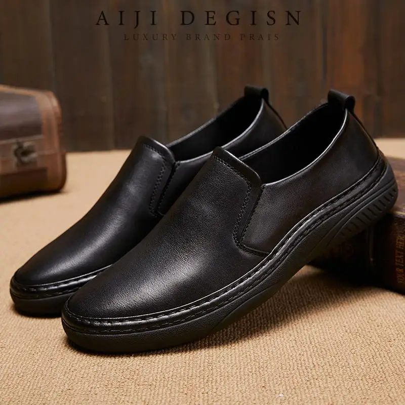 

Retro All Genuine Leather Men's Shoes Casual Cowhide Shoes Black Loafers, senior shoes, driving walking