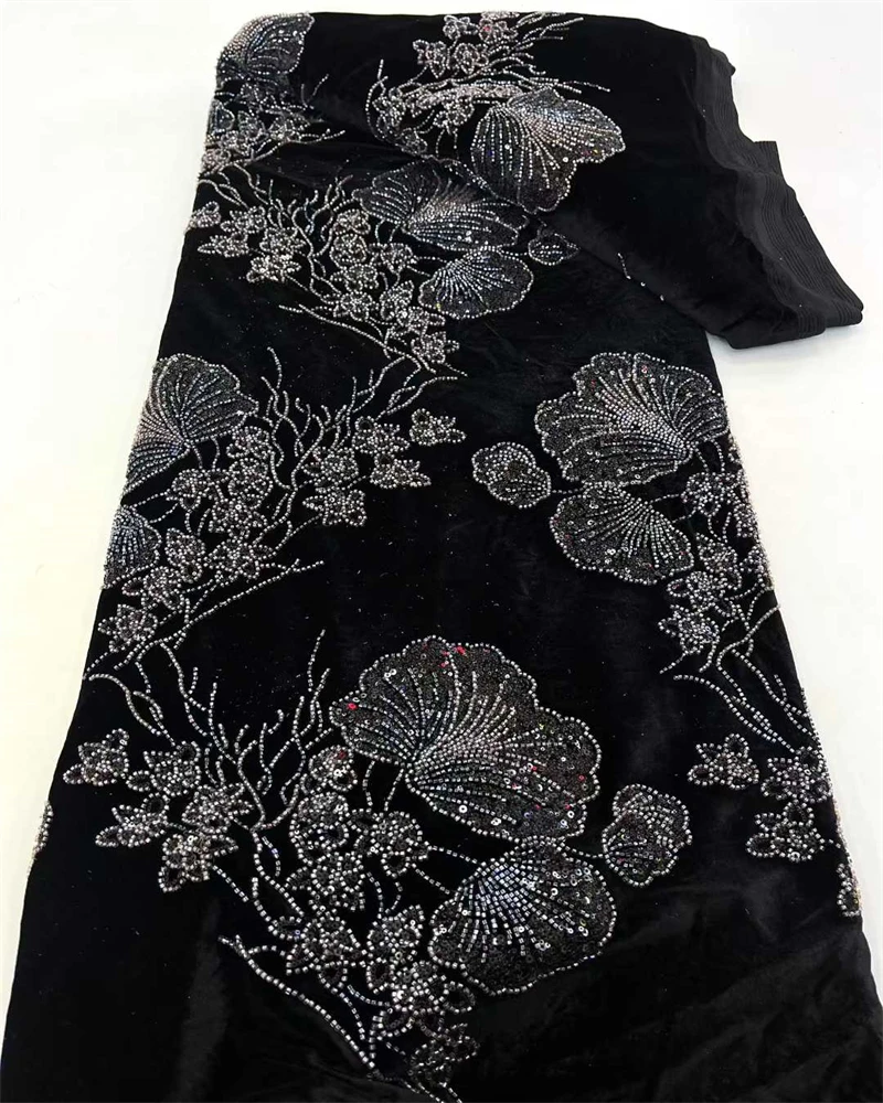 Luxury African Beaded Pearl Velvet Lace Fabric High-Quality Nigerian Sequins for Party Dress Sewing