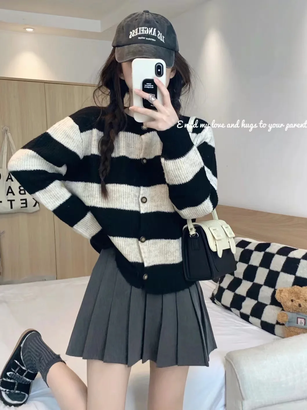 

2023 Spring and Autumn New Striped Knit Cardigan Top + Pleated Skirt Two Piece Set Y2k