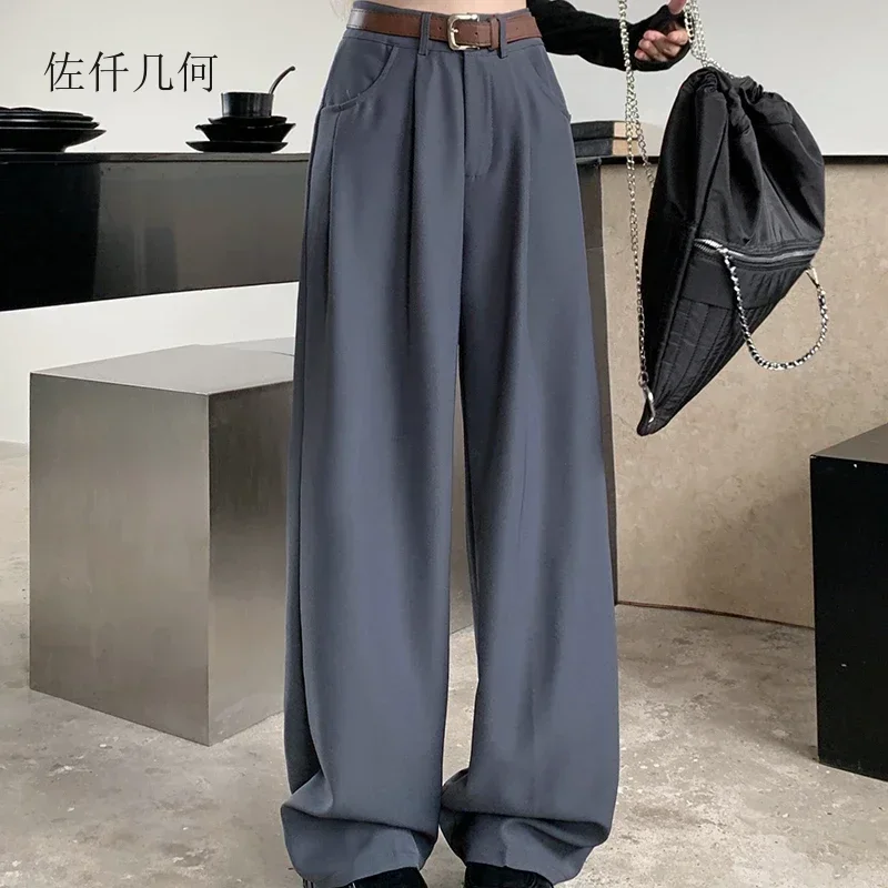 

2025 New Straight Pants Women Spring and Autumn Loose Drape Casual Solid Trousers Woman Carpris with Belt