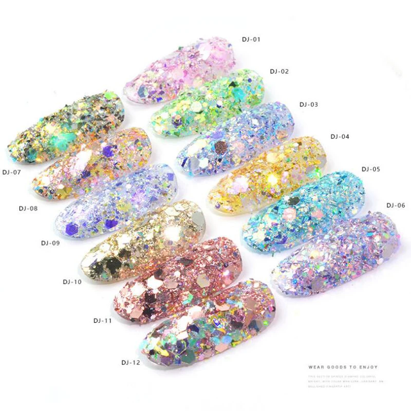 12 Color Light Fantastic Glitter Nail Decoration DIY Nail Art Decal Manicure Polish Sequins Nail Wraps Decal Fake Nails Patch