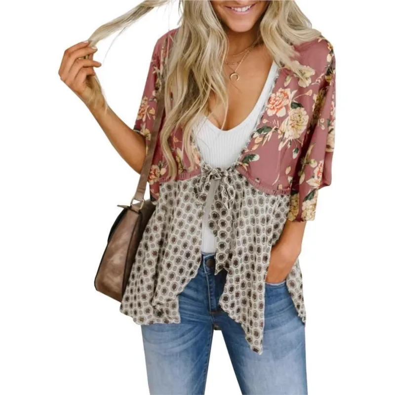 

Women Bohemian Cardigan Shirt Top for Women 2026 Summer Floral Print Patchwork Loose Cover Up Blouse Beach Vacation