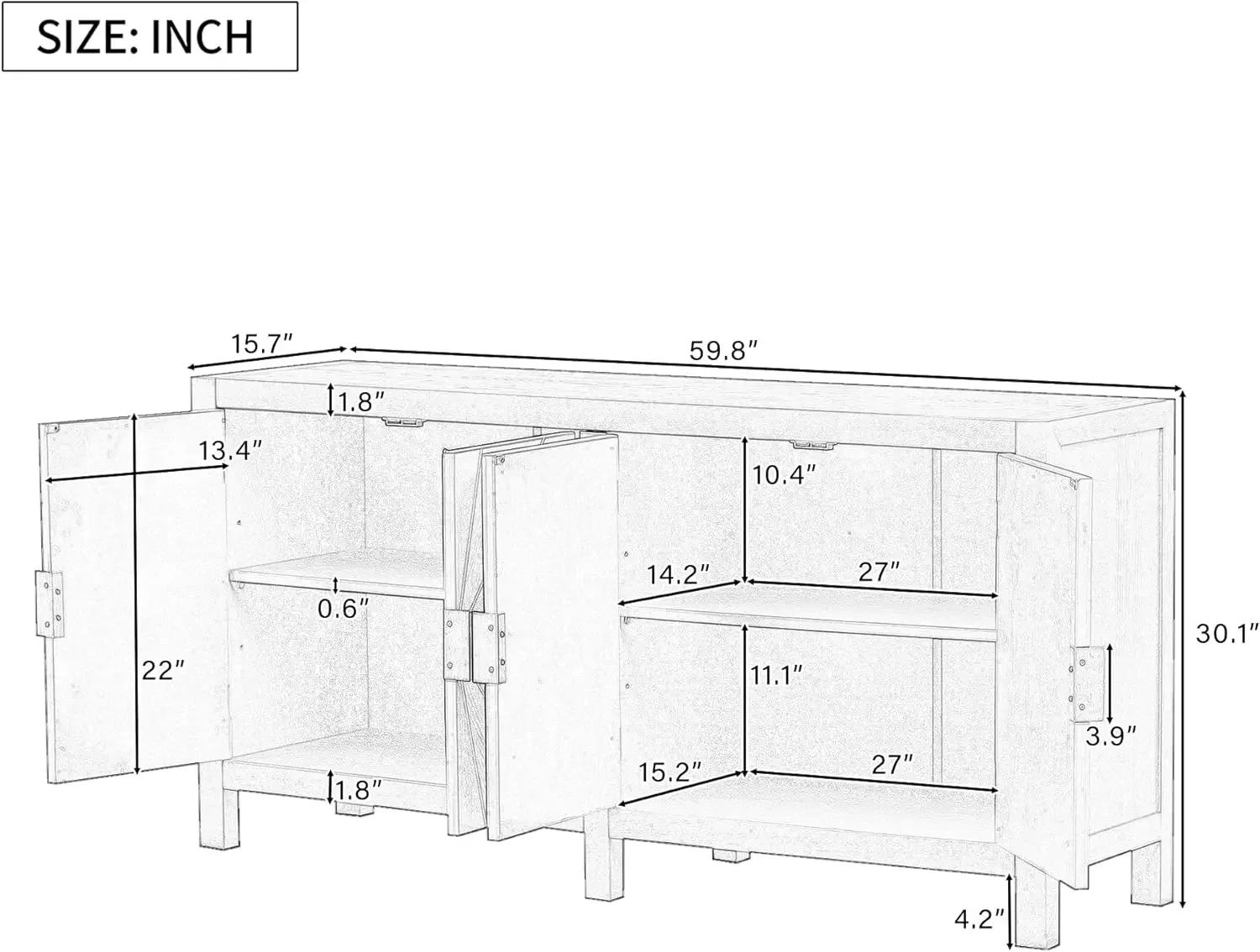 Modern Entryway Console Table with 4 Radiating Line Pattern Doors and Metal Handles,Wood Accent Buffet Sideboard Serving Storage