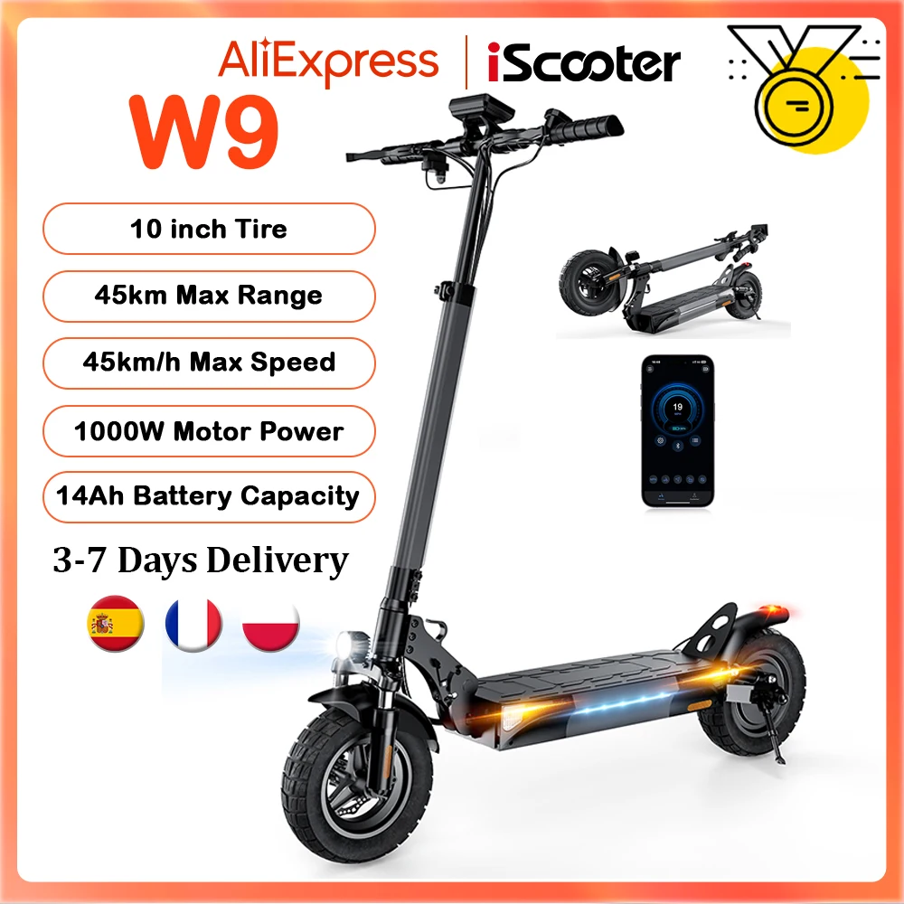 IScooter W9 Scooter électrique 10 pouces 1000W 48V14Ah 35-45km portée 45 km/h vitesse maximale pneus tout-terrain entraînement arrière freins à double disque