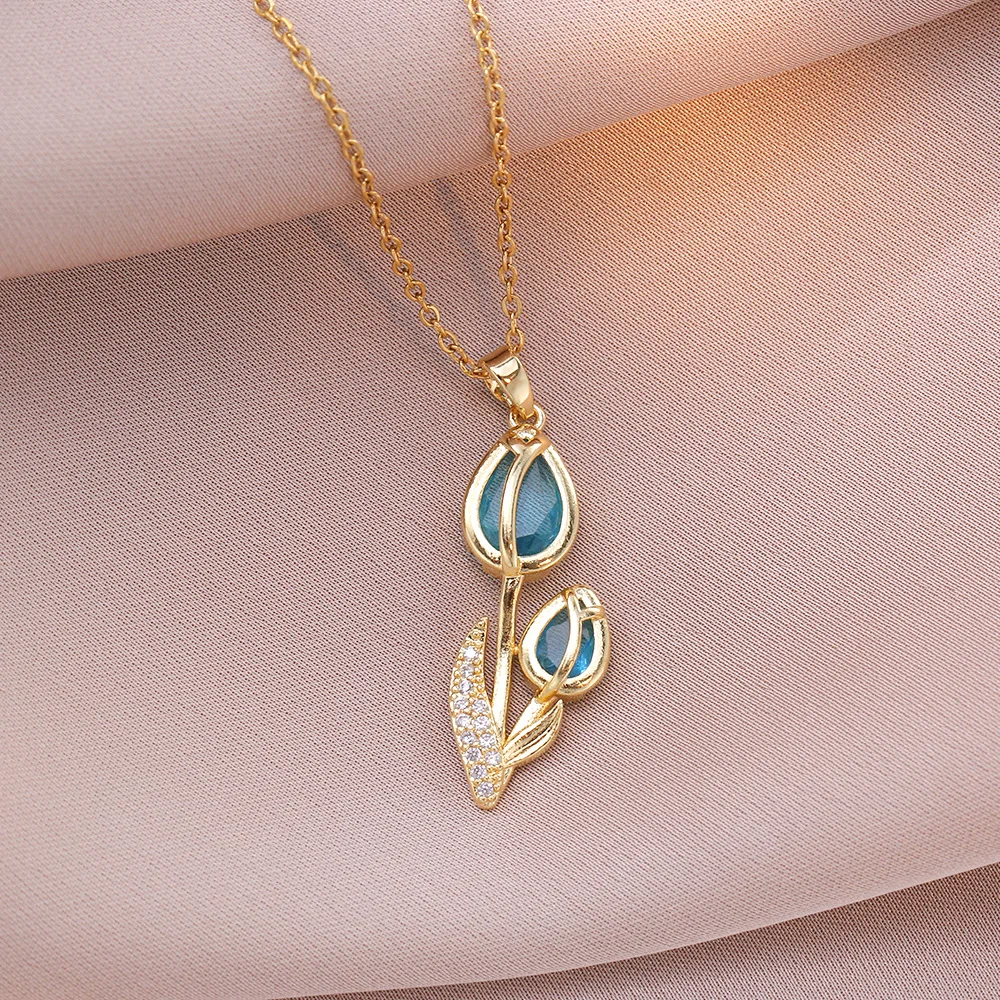 Elegant Enamel Tulip Flower Pendant Necklace for Women Girl Green Leaf Necklace Choker Party Jewelry Gift