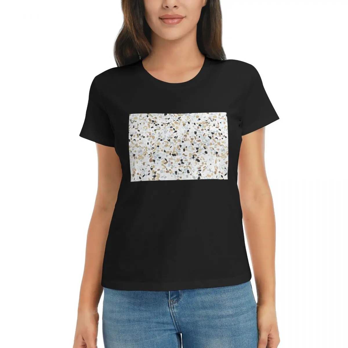 Camiseta feminina sem costura terrazzo pedra padrão verão manga curta camisetas tripulação pescoço algodão t camisas roupas topos streetwear