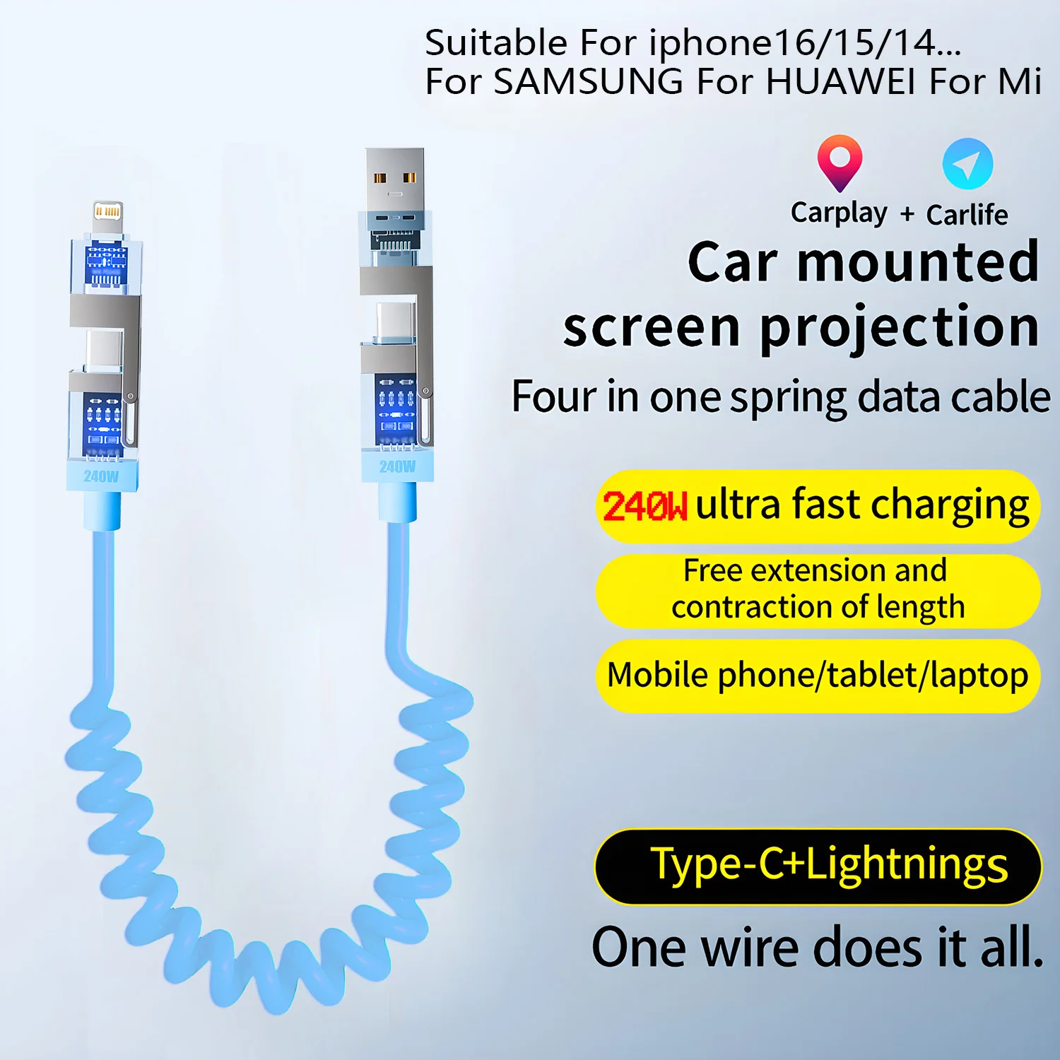 2 in 2 240W Spring Short Data Cable 6A USB Type C Spring Telescopic Quick Charger Wire Spring USB Cable for iPhone 15 14 13 12 ﻿