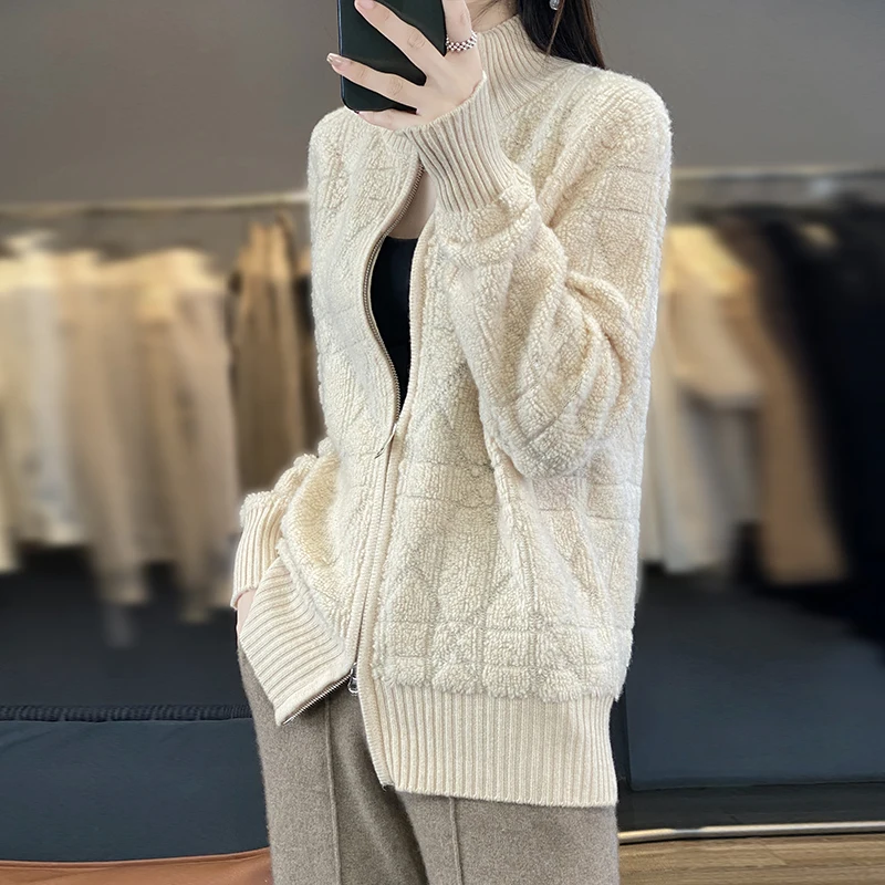 Women\'s 100% Merino Wool Knitting Sweater Standing Collar Fleece Cardigan Autumn/Winter Casual Loose Top Cashmere Zipper Jacket