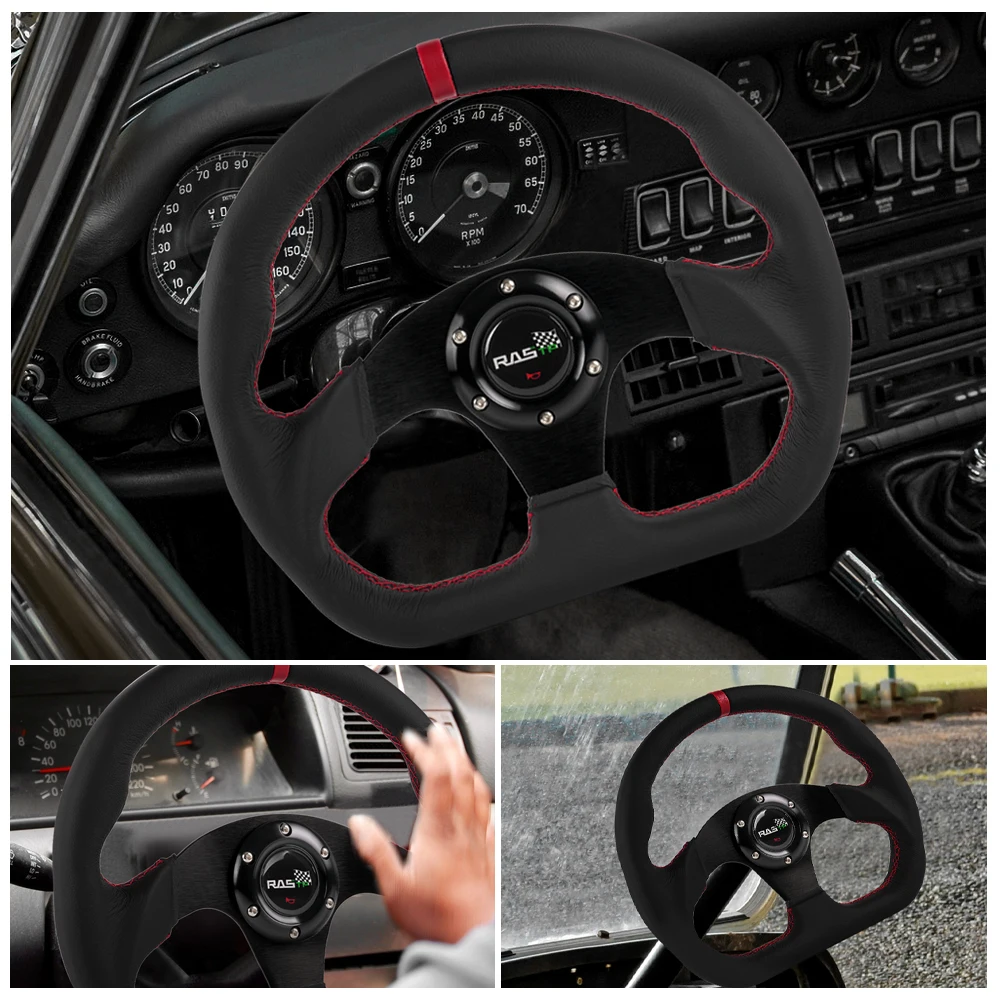 Bartoo-Red Ring Racing Sport Steering Wheel 12.6”/320mm Genuine Leather Flat Dish D-Shape STW067