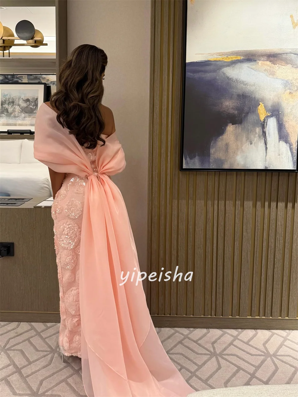 Customized Intricate Fashion Organza Sequined Ruched Straight Off-the-shoulder Long Dresses Bespoke Occasion Dresses Exquisite