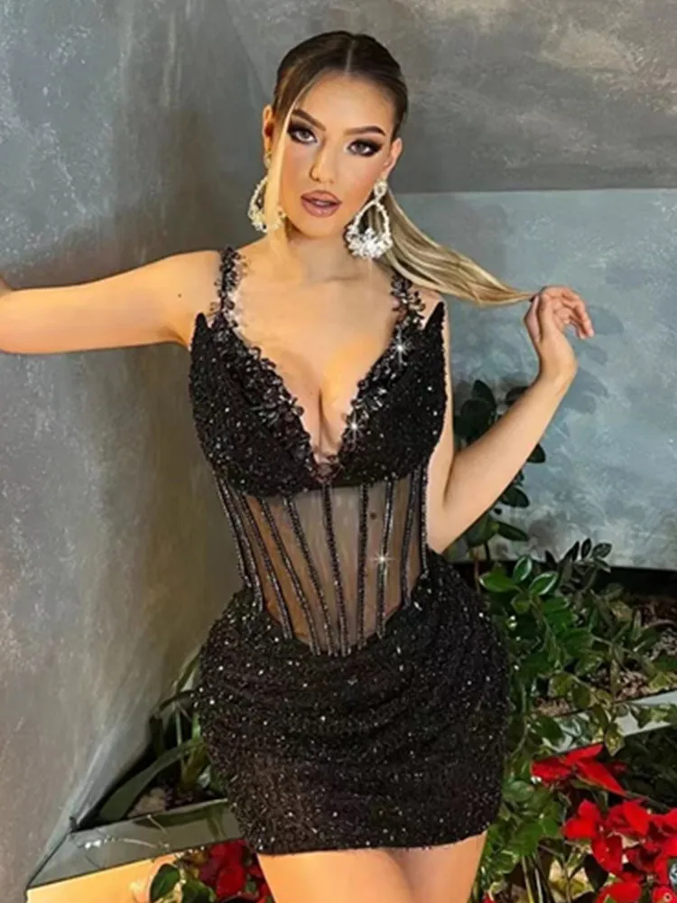 

High End Designer Dress Women Sexy Black Spaghetti Strap V Neck Corset Bodcyon Mini Sequin Sparky Evening Club Party Dresses