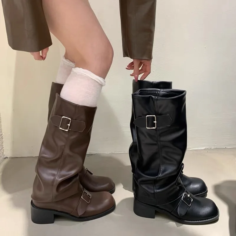 

Женские ботинки до колена на платформе, на массивном каблуке, трендовая модная кожаная обувь в стиле панк, готика, в стиле рок, мотоциклетная обувь