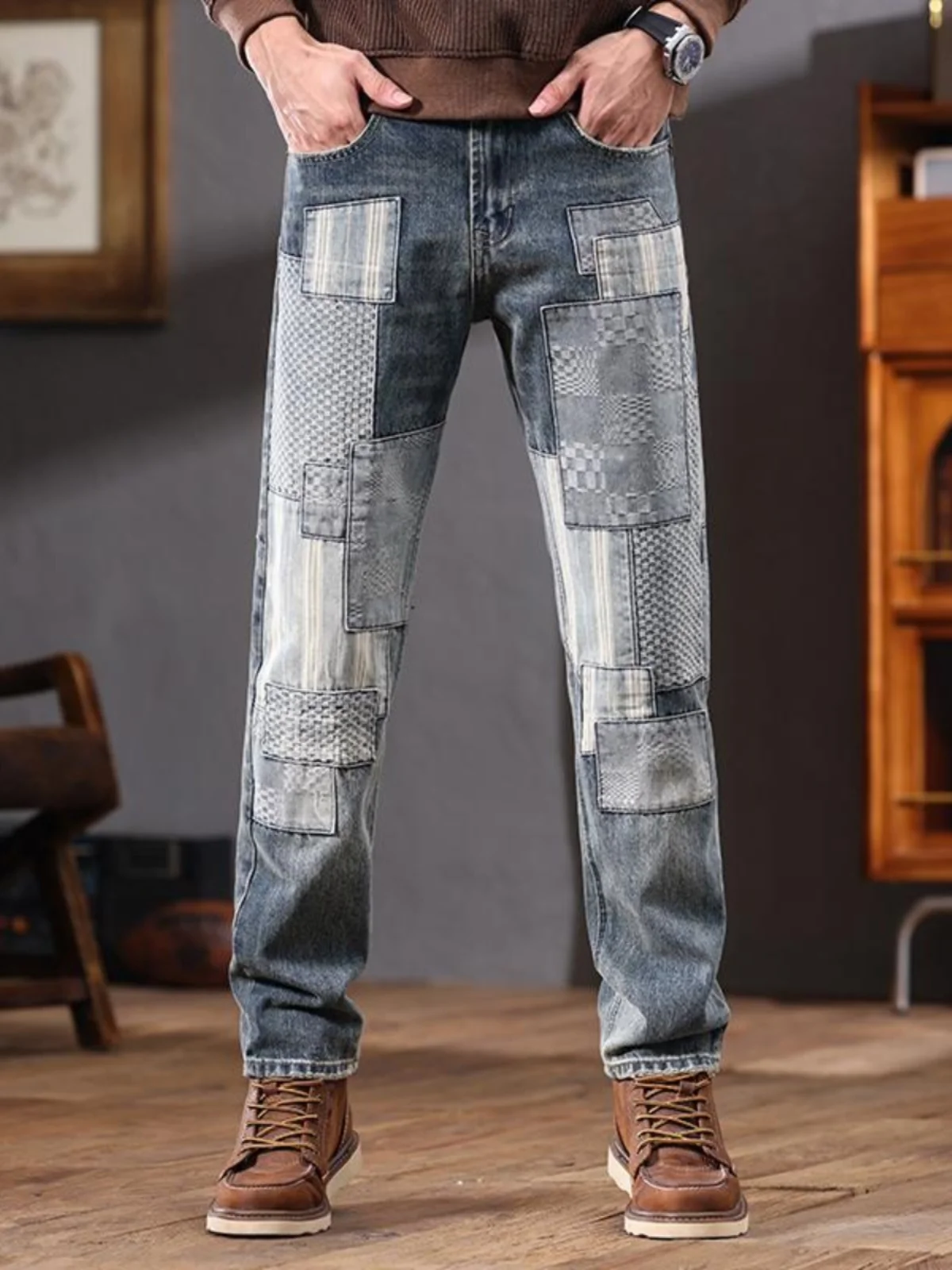 

Premium Loose Straight Leg Men's Jeans Casual Wear Patchwork Denim Pants Youthful Sle Cotton Stretch Fabric Stone Waed