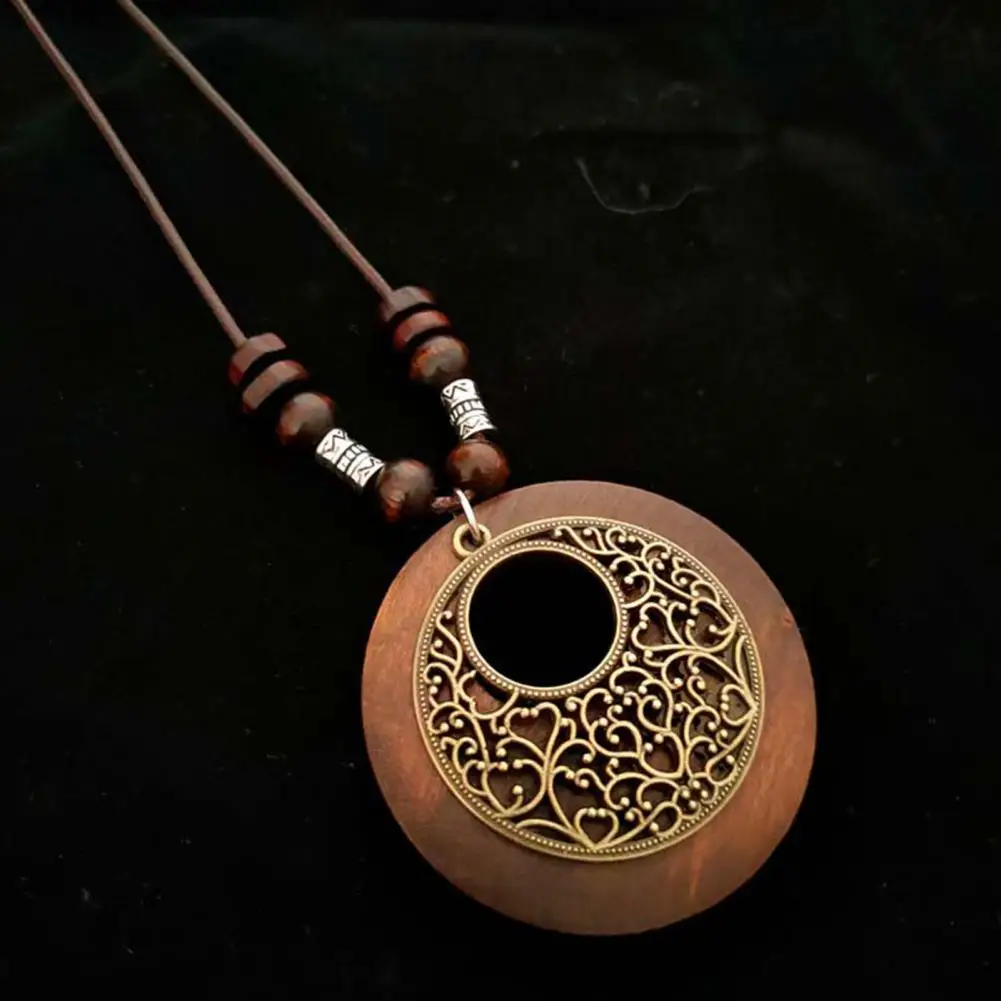 Beaded Rope Necklace Ethnic Style Wooden Beads Rose Pendant Sweater Chain Necklace for Women Retro Jewelry for Dating Prom Party