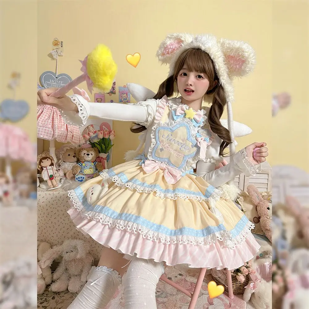 

Sweet Lolita Sweetheart Rabbit Bear Cartoon Printing With Apron Bow Sleeveless Lace Ruffles JSK Dress Soft Girly Camisole Dress