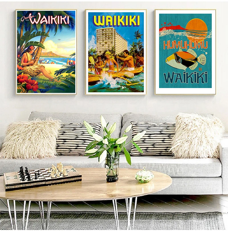 Summer Surfing at Waikiki Hawaii Travel Canvas Painting Vintage Wall Kraft Posters Coated Wall Stickers Home Decor Picture Gift