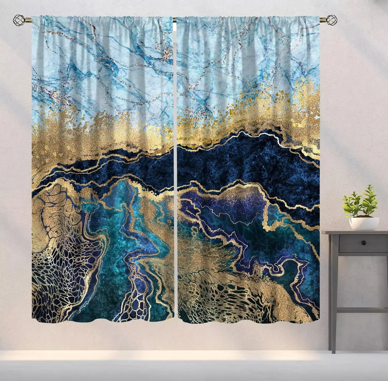 Blue Gold Abstract Marble Curtains Luxury Geode Agate Stone Pattern for Living Room Bedroom Home Decor
