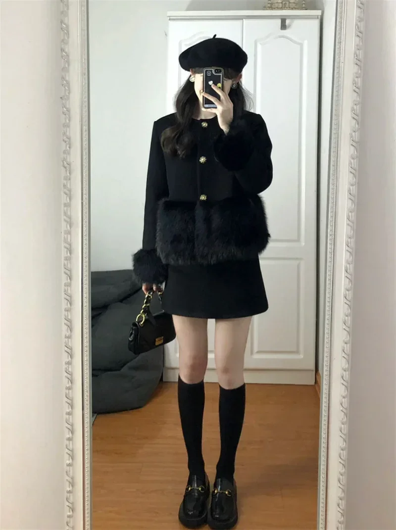 2024 Fall Winter Women Long Sleeve Woolen Fabric Faux Fur Single Breasted Coat Mini Skirt Solid Color Black Warm Matching Sets