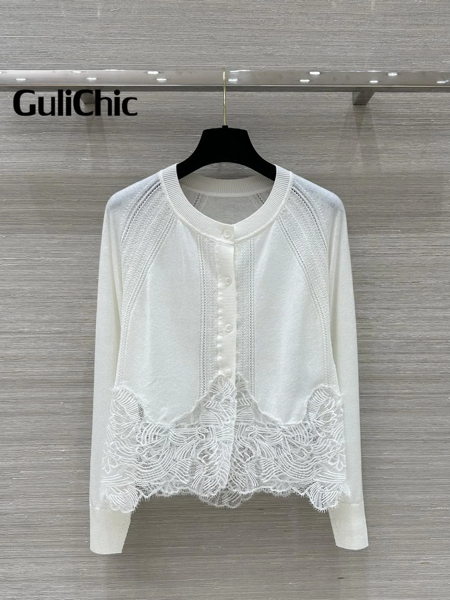 8.28 GuliChic Women\'s High Quality Soft Comfortable Knitwear Fashion Elegant Lace Spliced O-Neck Long Sleeve Casual Cardigan