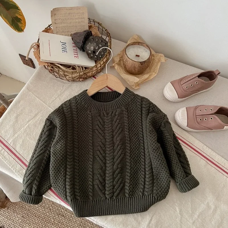 2024 Fall Winter Kids sweater Girls Half high collar Twists knit pullover Boys solid color warm base Tops