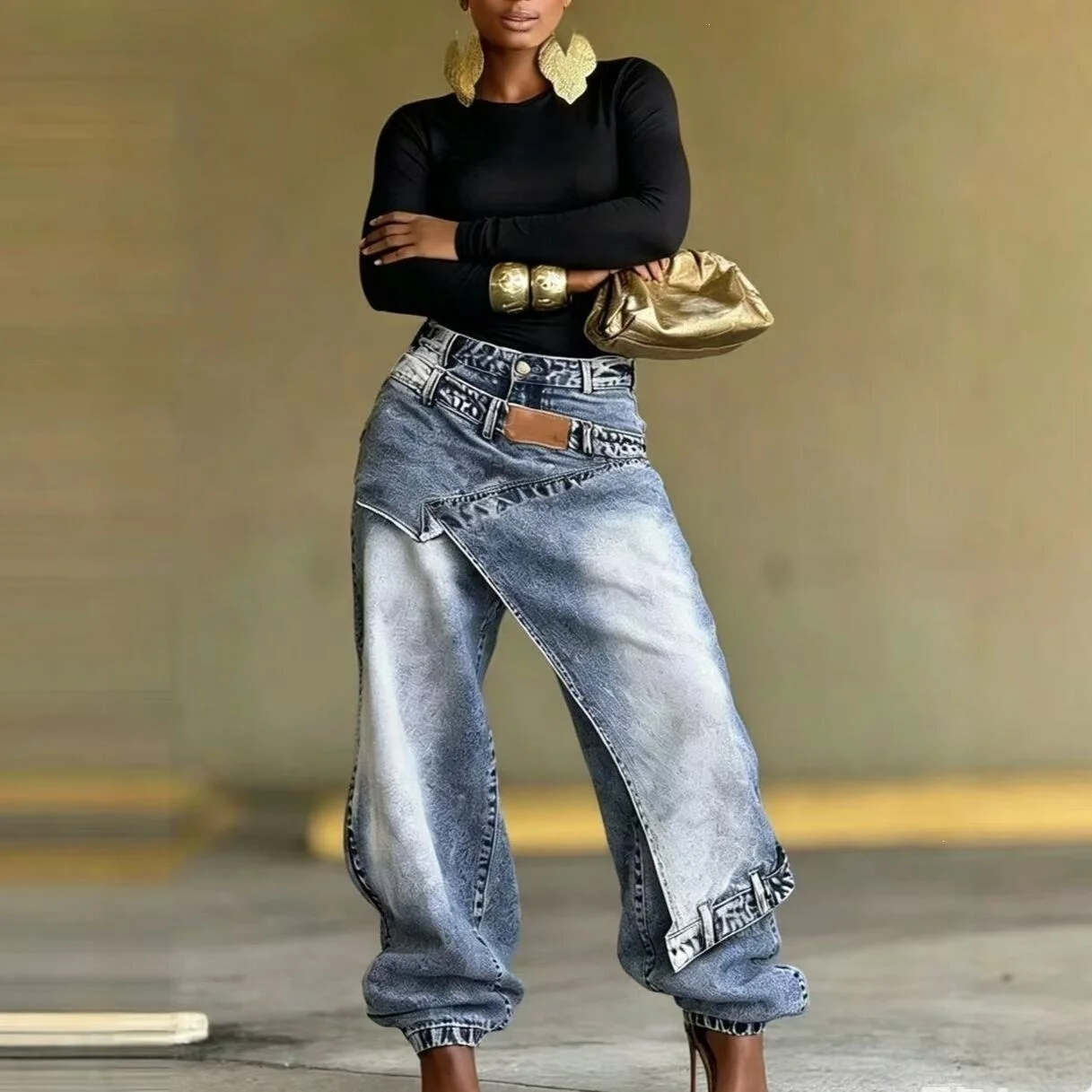 Women's High Waist Wide Leg Jeans Cross-Border Washed Denim Pants Belted Cuffed Slimming Layered Look Casual High Street Style