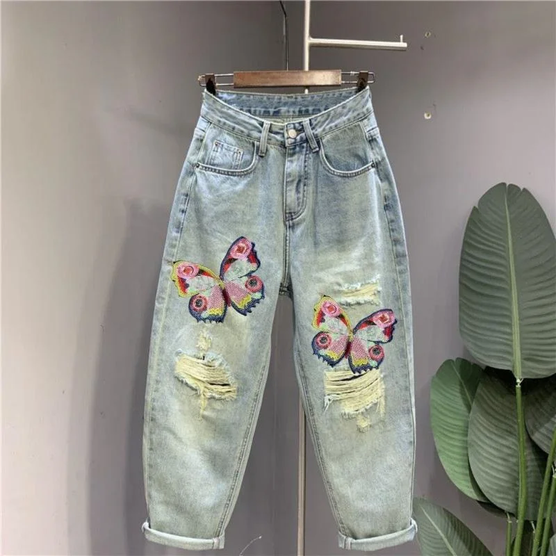 New 2024 Fashion Denim Pants Spring Summer Women Casual All-Match Bead Contrasting Colors Hole Harun Cowboy Pants Female