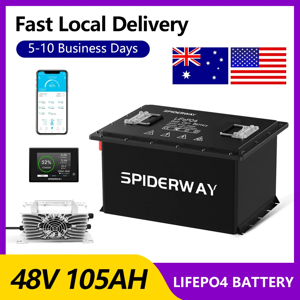 

Литиевая батарея LiFePO4 48 В, 105 Ач, встроенная BMS 200 А с зарядным устройством, для гольф-кара Yamaha Club Car EZGO, поддержка приложения и Bluetooth