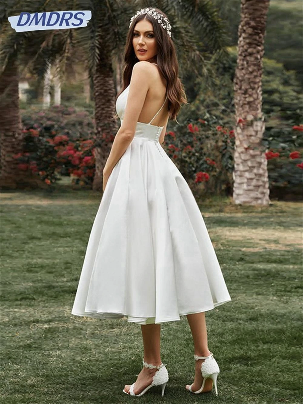 Short Wedding Dress 2023 Spaghetti Straps V Neck Backless Midi Sexy Wedding Gowns Satin A Line Tea Length Simple Robe De Mariée