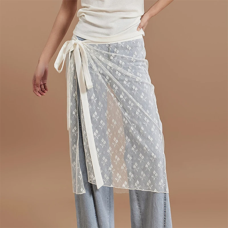 

Women Y2k Lace Skirts Cover Up Floral Lace Sheer Mesh Extender Layering Half Slipt Skirt Tie-Up Sarong Wrap Skirts Matching Pant