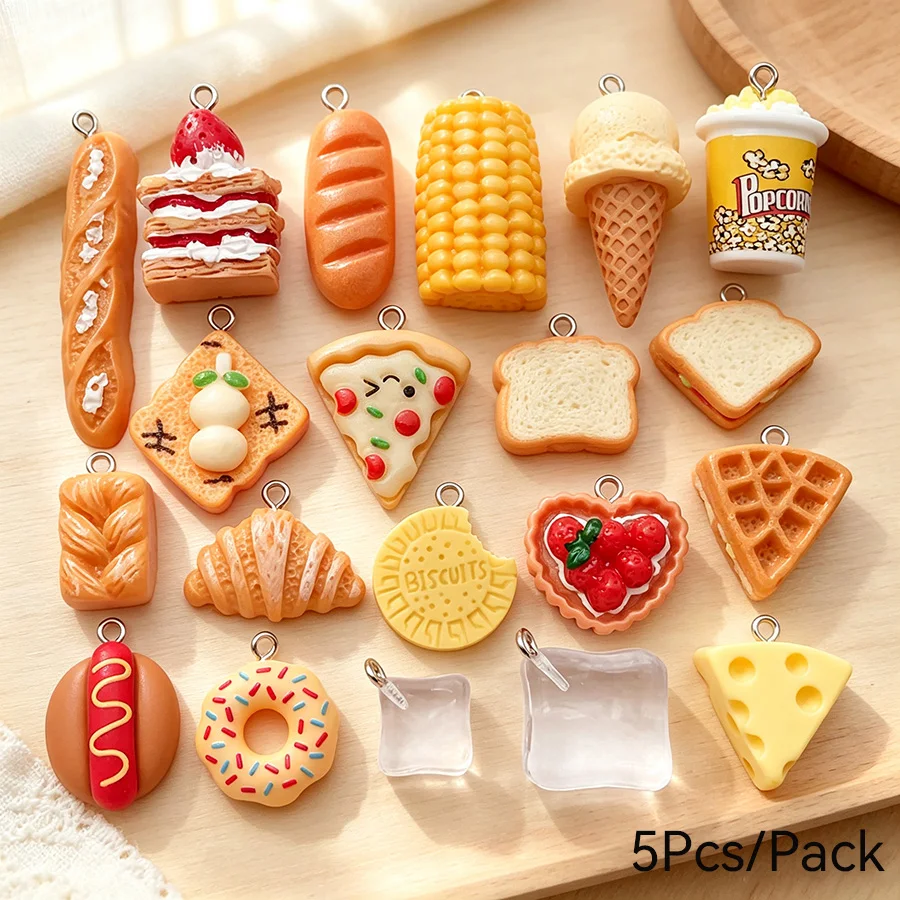 Simulated 5Pcs/Pack Resin Food Pendant Accessories For Jewelry Making Bread Cake Ice Cream DIY Keychain Necklace Hanging Trinket