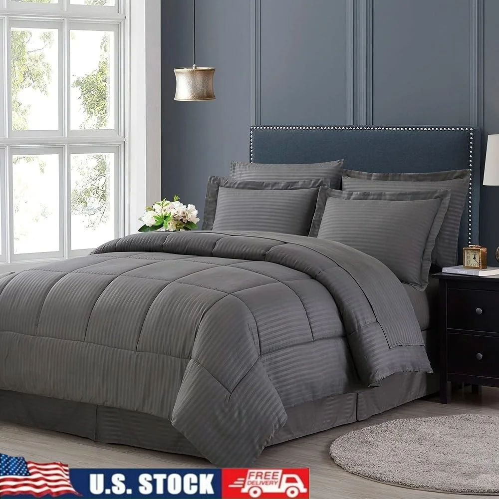 

Queen Comforter Set 8 Piece Bed in a Bag Fitted Sheet Flat Sheet Bed Skirt Pillowcases Pillow Shams Soft Polyester Warmth