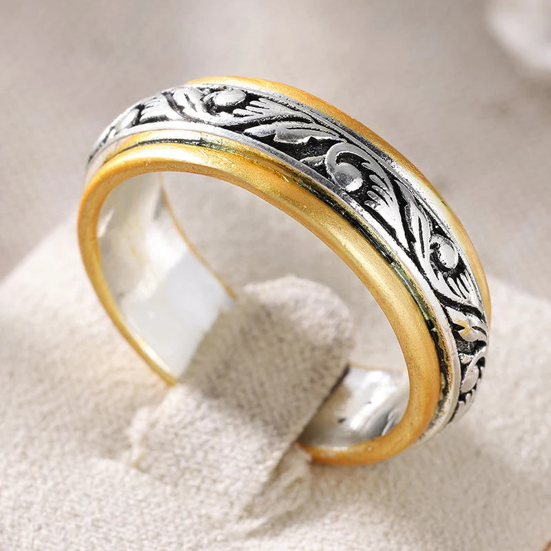 Ethjnic Hand Carved Women's Ring Vintage Two Color Metal Geometry Daily Wear Party Jewelry Anniversary Gift