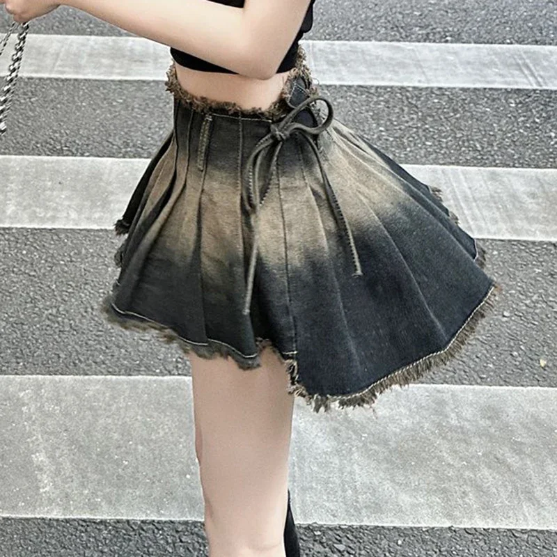 Gidyq Fashion Irregular Jeans Skirts Vintage Female Casual Tassel Mini Skirts Summer All Match Gradient Lace Up Pleated Skirts