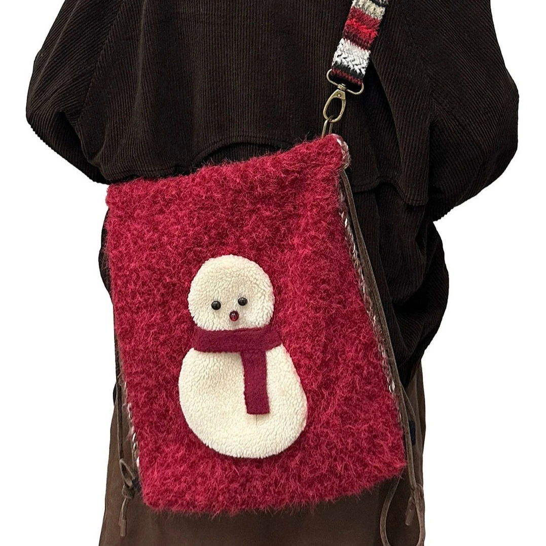 Cute Woolen Snowman Backpack Autumn Winter Kawaii Tote Bags Double-sided Use Crossbody Bag Storage Bag School Bags