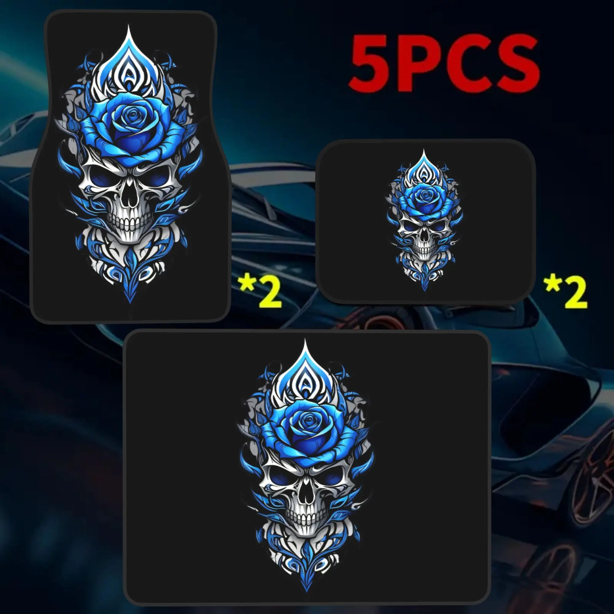 2D Flat 5pcs Blue Rose Skull Print 4 Car Floor Mats And 1 Car Trunk Mat Set, Stylish Vehicle Additions, Perfect Gift For Hallowe
