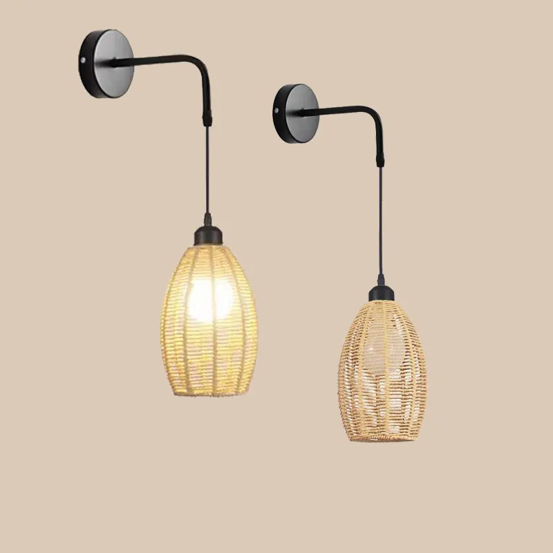 

Southeast Asia Creative handmade weaving Vintage Industrial Style Lantern Wall Lamp Restaurant Bedroom Aisle Rattan Wall Lamp