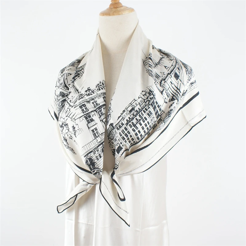 90 Silk Scarf Neckerchief Classic Black White Printed Womens Fashion 100% Silk Scarves Wraps Shawl