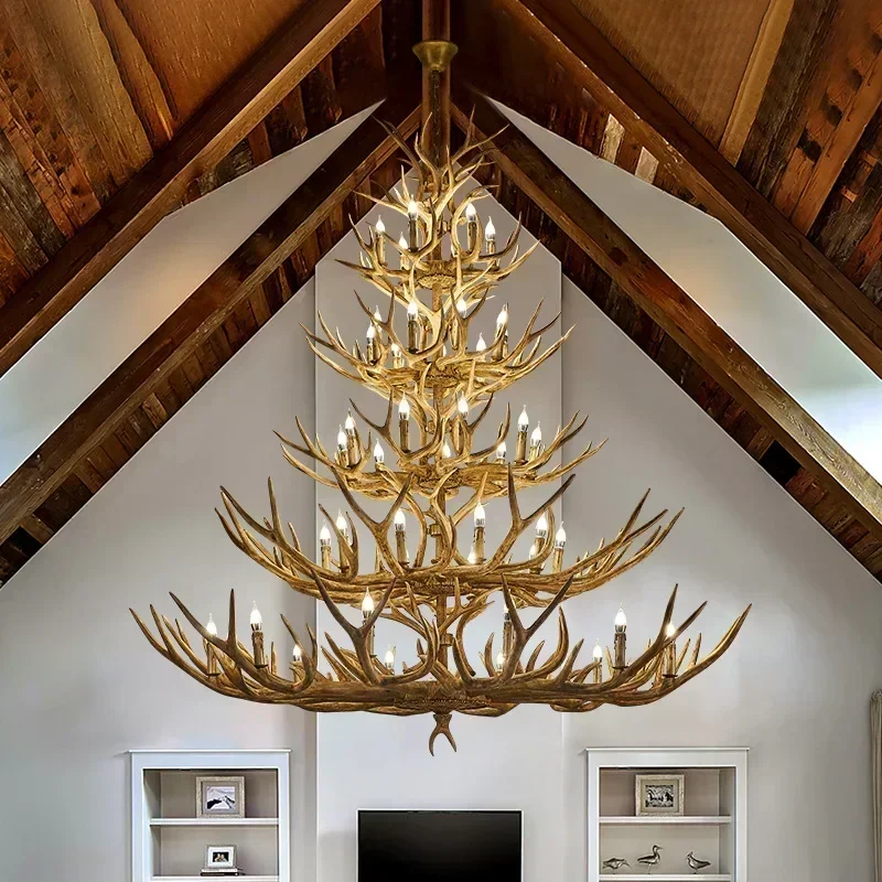 estilo america antler deer lustre para sala de estar grande resina pendurada lampada farmhouse grande hanging light loft fixture 01