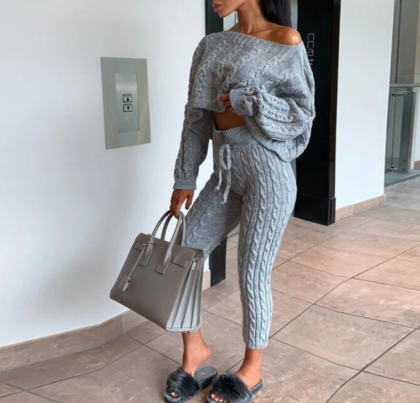 Plus Size Two Piece Set Women Outfits Crewneck Knitted One Shoulder Long Sleeve Pullover Sweater High Waist Thick Pencil Pants